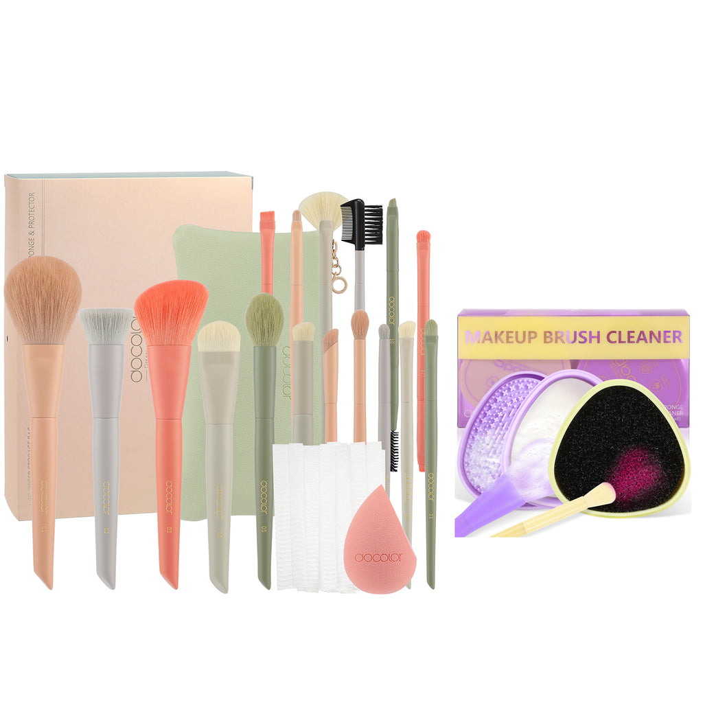 17-Piece Morandi Makeup Brush Set with Sponge, Makeup Bag & Brush Cleaning Box