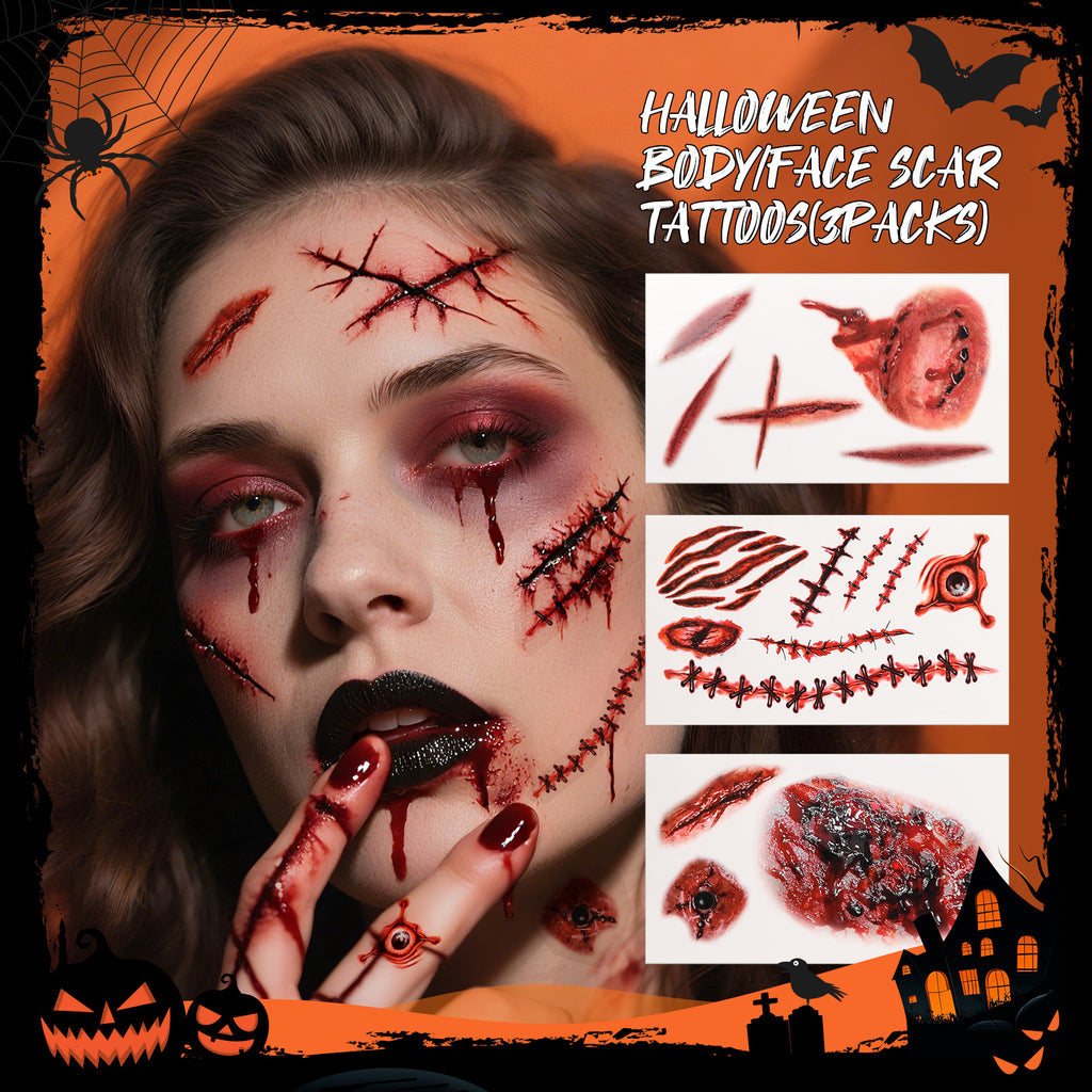 Halloween Makeup Kit with 5 Brush Set, Themed Eyeshadow Palette, Makeup Sponge& 3 Pcs Scar Tattoos