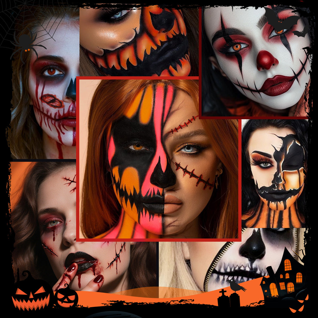 Halloween Makeup Kit with 5 Brush Set, Themed Eyeshadow Palette, Makeup Sponge& 3 Pcs Scar Tattoos