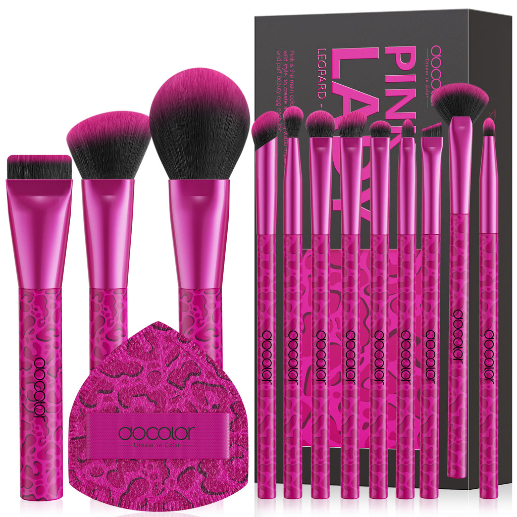 Pink Leopard 12-piece Makeup Brush Set with 1 Powder Puff