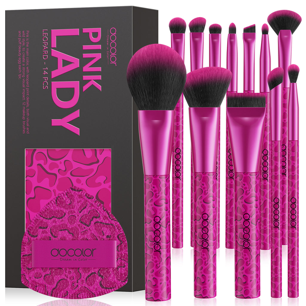 Pink Leopard 12-piece Makeup Brush Set with 1 Powder Puff
