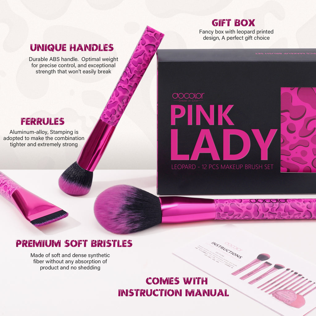 Pink Leopard 12-piece Makeup Brush Set with 1 Powder Puff