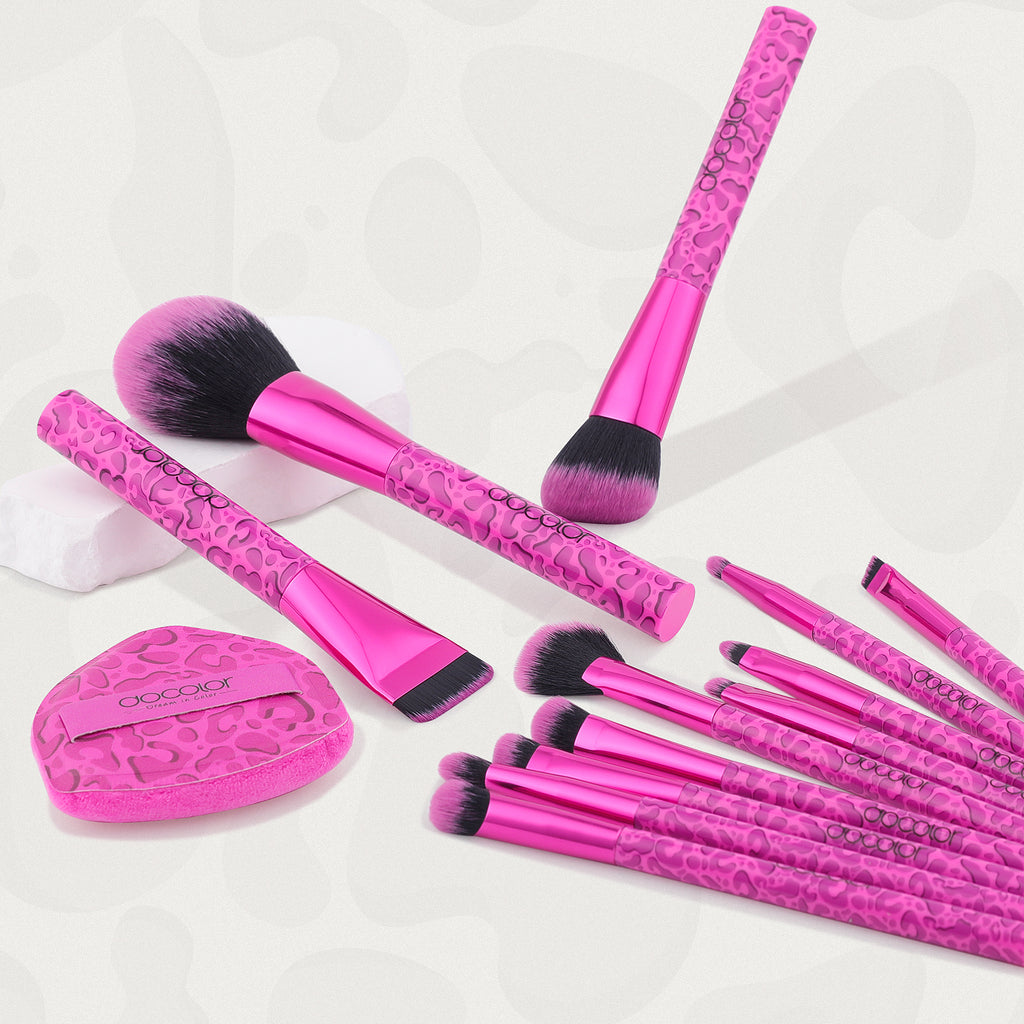 Pink Leopard 12-piece Makeup Brush Set with 1 Powder Puff