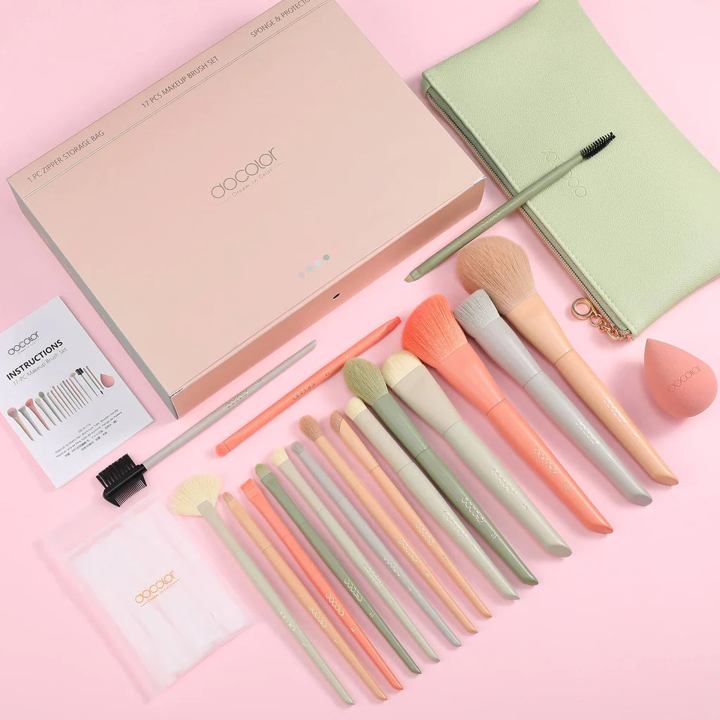 17-Piece Morandi Makeup Brush Set with Sponge, Makeup Bag & Brush Cleaning Box