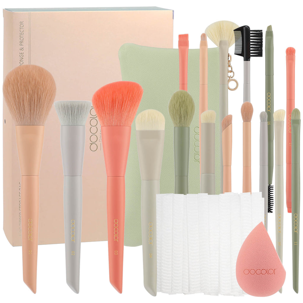 Docolor Makeup Brushes Set 17Pcs Morandi Makeup Brushes with Makeup Bag and Makeup Sponge and Brush Protector Professional Face Powder Foundation Eye Shadow Concealers Brush Kit Gift Box