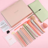 This Docolor Morandi Makeup Brush set includes 17pc brushes, foundation brush, kabuki brush, powder brush, blending brushes, eyeshadow brushes, eyebrow brushes, makeup sponges, makeup bag.