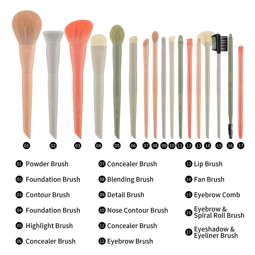 This Docolor Morandi Makeup Brush set includes 17pc brushes, foundation brush, kabuki brush, powder brush, blending brushes, eyeshadow brushes, eyebrow brushes, makeup sponges, makeup bag.