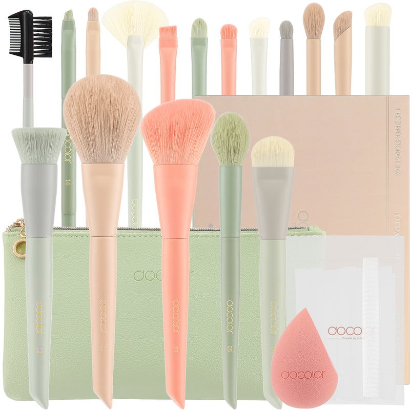 17-Piece Morandi Makeup Brush Set with Sponge, Makeup Bag & Brush Cleaning Box