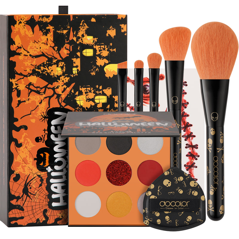 Halloween Makeup Kit with 5 Brush Set, Themed Eyeshadow Palette, Makeup Sponge& 3 Pcs Scar Tattoos
