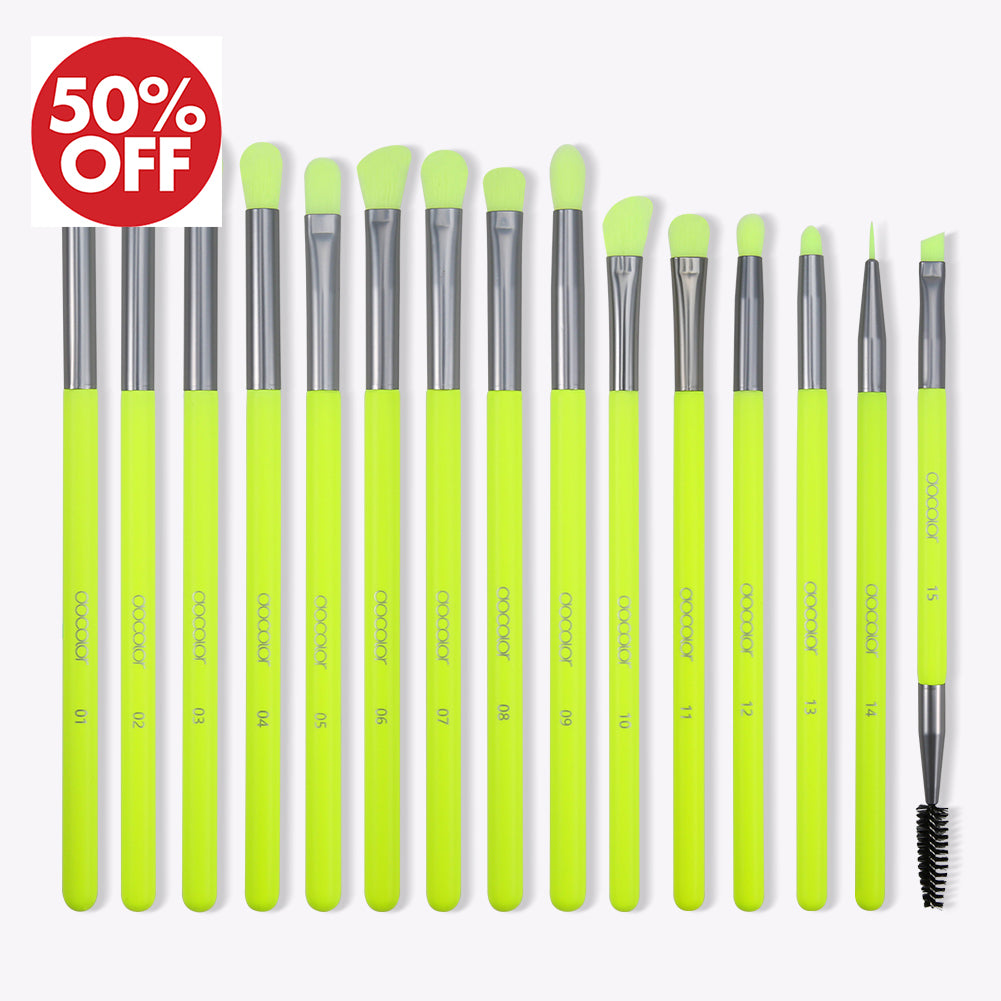 Docolor Cosmetics - Makeup brushes - Neon Green 15 Pieces Eye Brush Set -  best makeup brushes professional makeup brushes eye makeup brush neon brush 