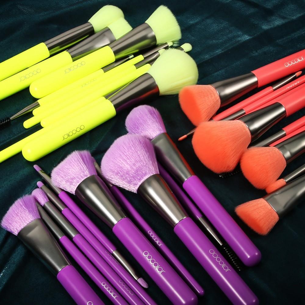 (ONLY ship to USA )Neon Bundle - 3 Sets of 10 Pieces Synthetic Makeup Brush Set (Green, Purple and Peach) DOCOLOR OFFICIAL